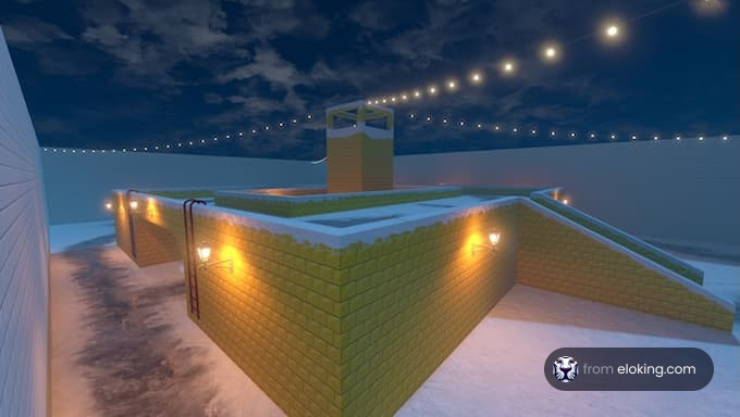 A colorful playground in the snow with festive lighting.