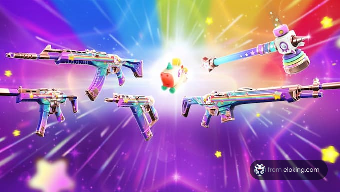 Assortment of colorful futuristic space weapons in a vibrant cosmic background