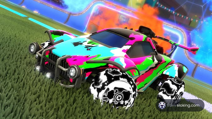 Colorful sports car on a futuristic soccer field with vibrant graphics