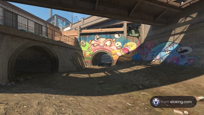 A vibrant street art mural under a bridge with various colorful characters.
