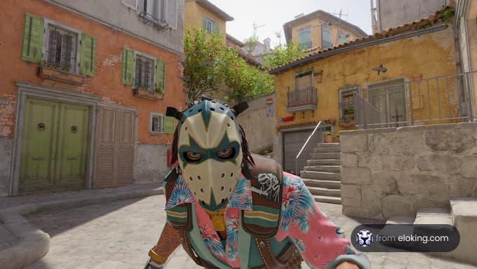 A person in a colorful outfit wearing a mask in an urban street.