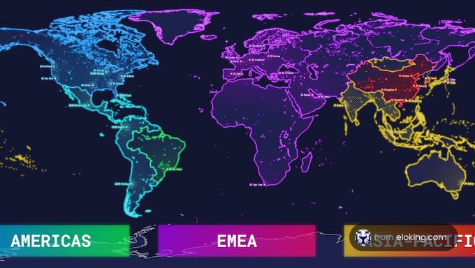 Colorful digital map depicting various world regions including Americas, EMEA, and Asia