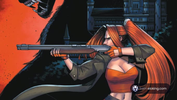 Eine furchtlose weibliche Figur zielt mit einer Schrotflinte in einer dunklen Comicbuchszene.