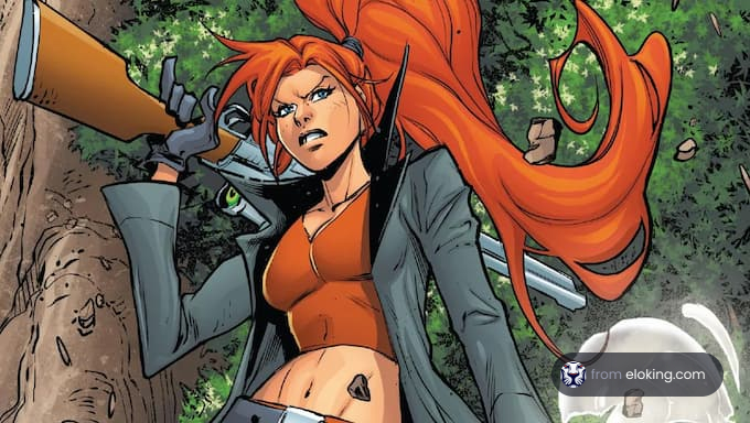 Eine Comic-Figur mit orangefarbenen Haaren, die in einem Wald ein Gewehr h&auml;lt.