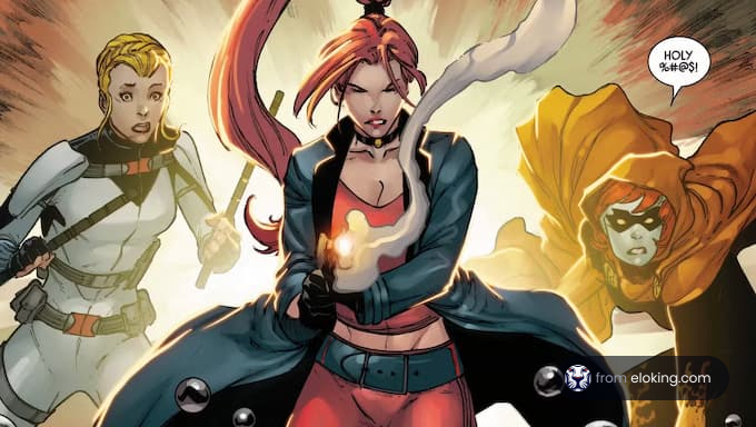 Drei Comic-Charaktere in einer Action-Szene.