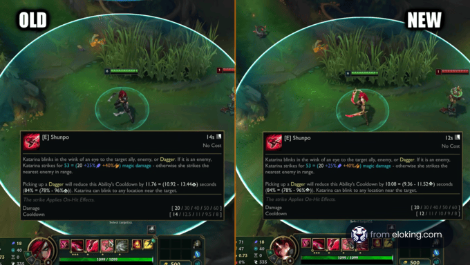 Confronto dell'abilità Shunpo di Katarina prima e dopo l'aggiornamento in un videogioco