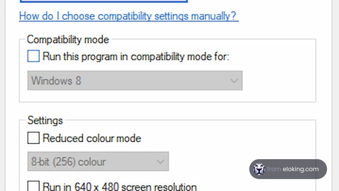 Compatibility settings for Windows 8 in 8-bit colour mode with 640x480 screen resolution