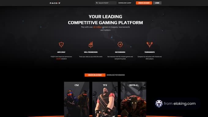 Screenshot of FACEIT homepage showcasing the competitive gaming platform with featured games CS2, TF2, and DOTA2