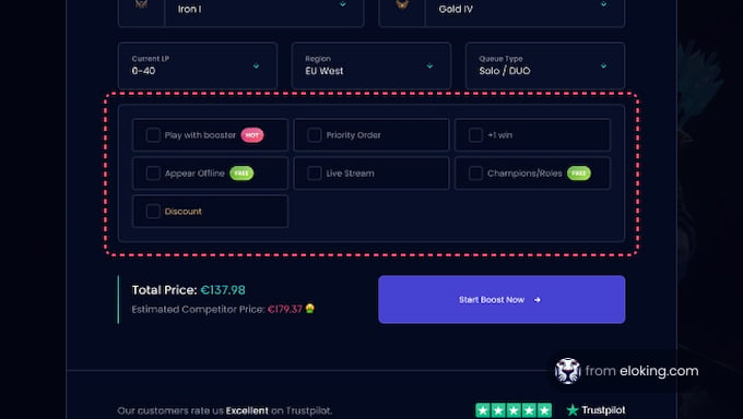 Screenshot of a competitive gaming rank boosting interface with various options and pricing