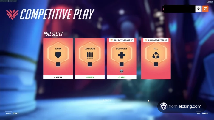 Competitive gaming role selection screen for Tank, Damage, Support, and All roles