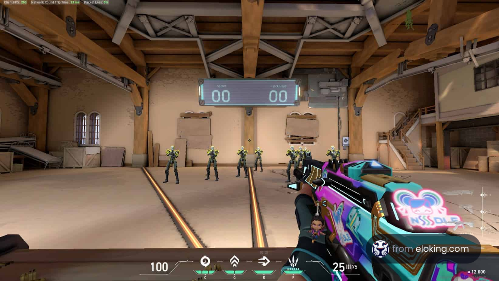 First-person view of a competitive gaming session with multiple characters