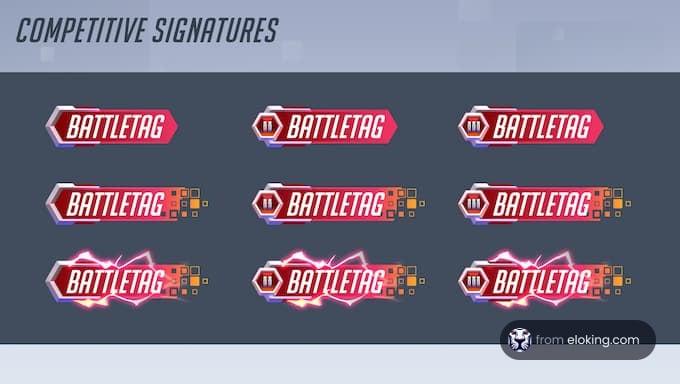 Array of competitive gaming signatures labeled 'BATTLETAG' with dynamic designs