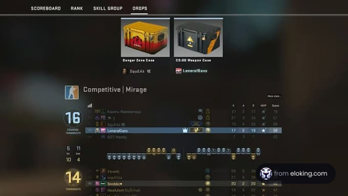 Screenshot of a competitive CS:GO match on Mirage map showing scoreboard and item drops