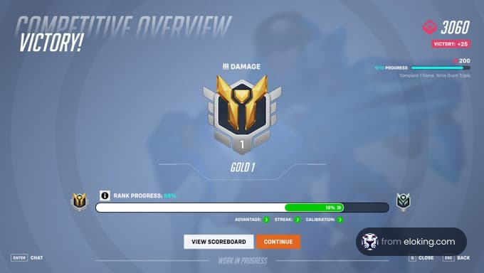 Competitive overview showing a victory with Gold 1 rank progress.