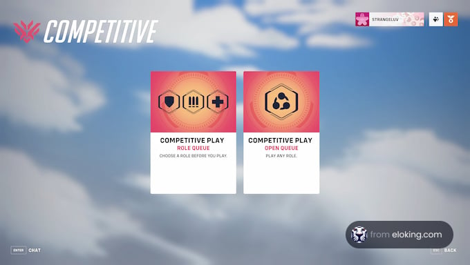 Competitive play selection screen in a video game, showing role queue and open queue options