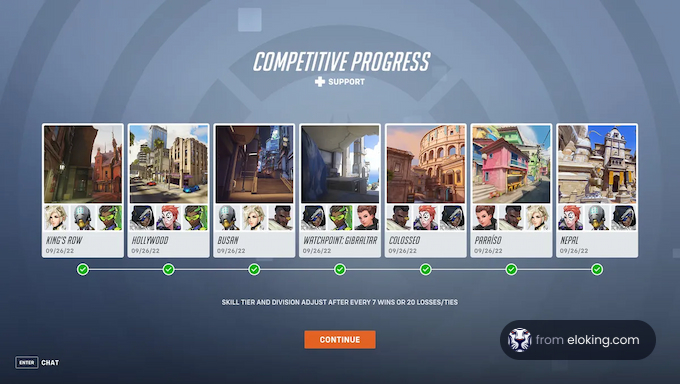 Overview of a competitive progress interface in a game showing different maps and character choices