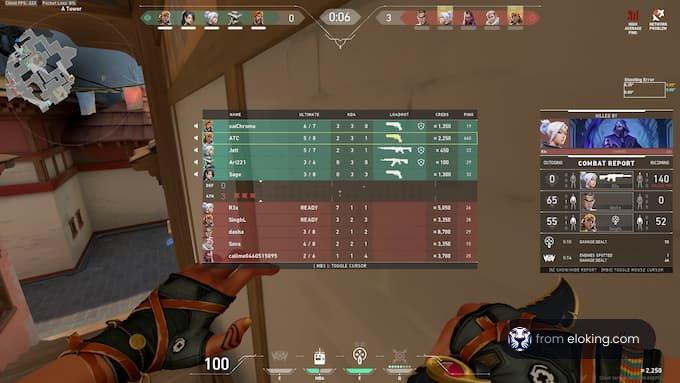 Screenshot of a competitive video game interface showing team scores and player status