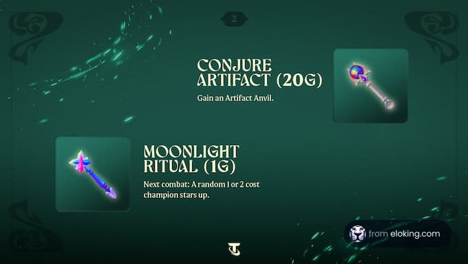 Image displaying two game cards titled 'Conjure Artifact' and 'Moonlight Ritual' from a strategic game.