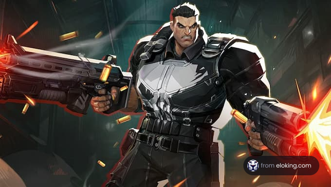 A cool action hero poses dynamically with dual guns.