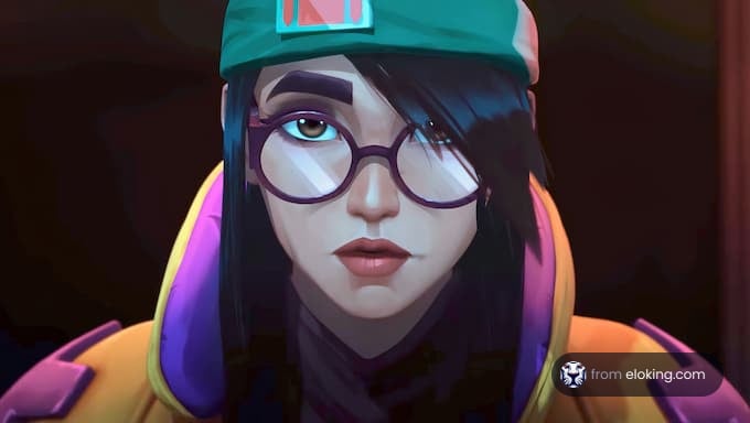 Animated female character with glasses and a colorful outfit