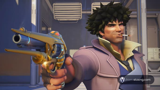 A cool character holds a gun with a smoke in his mouth.