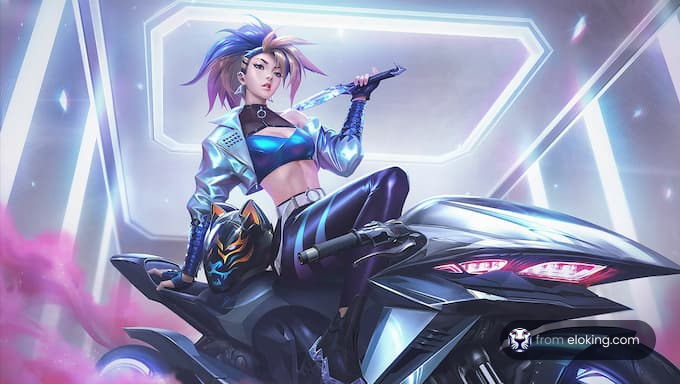 A cool girl riding a motorcycle with a futuristic design.