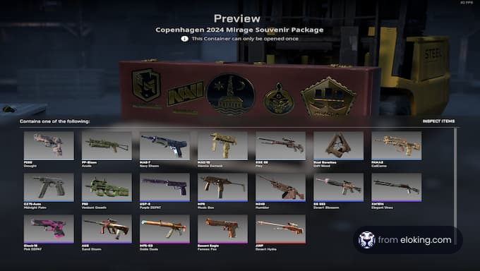 Preview of the Copenhagen 2024 Mirage Souvenir Package containing various weapon skins.