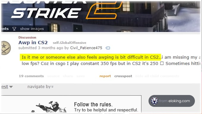 Screenshot of a discussion about difficulty of using AWP in Counter Strike 2 on a gaming forum