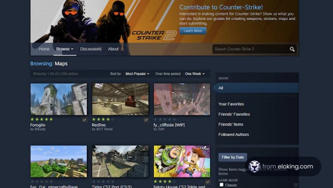 Browsing maps in Counter-Strike 2, showcasing popular map selections.