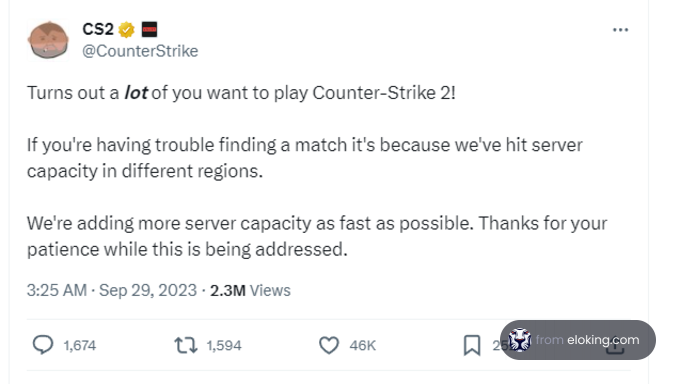 Tweet by CS2 about increased player interest and server capacity enhancement