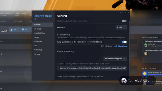 Counter-Strike 2 Steam settings screen with language and cloud save options.