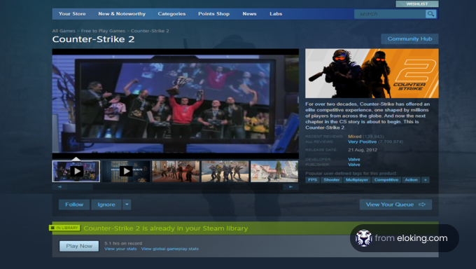 Counter-Strike 2 game page on Steam featuring images and information