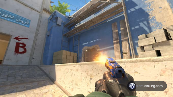 A player fires a pistol while moving towards a building with a visible B sign.
