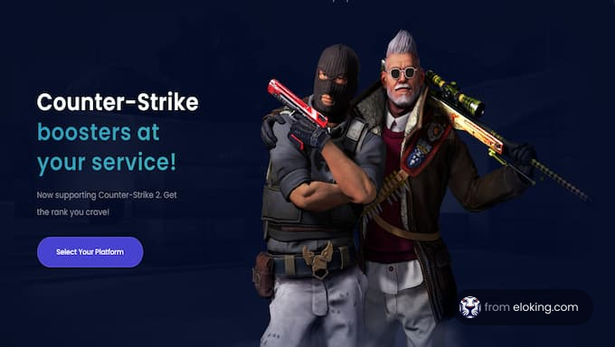 Two characters from Counter-Strike, one with a mask and one with gray hair, holding weapons with a promotional ad for game boosting services.