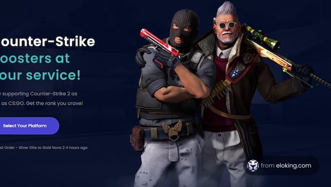 Promotional image for Counter-Strike game boosters featuring two characters, one with a red gun and another holding a sniper rifle