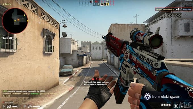 First-person perspective of a Counter-Strike game with a player holding a decorated rifle