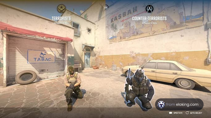 A scene from a Counter-Strike: Global Offensive game showing terrorists and counter-terrorists in a dusty street