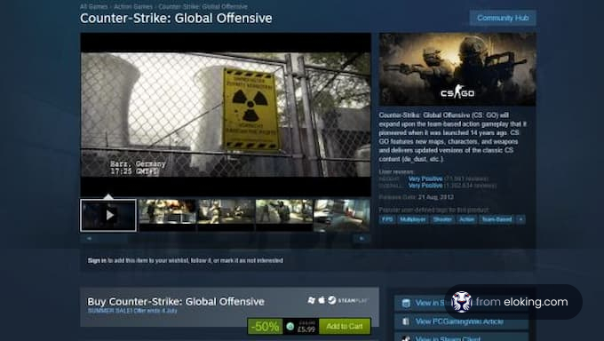Screenshot of Counter-Strike: Global Offensive Steam store page with discount offer