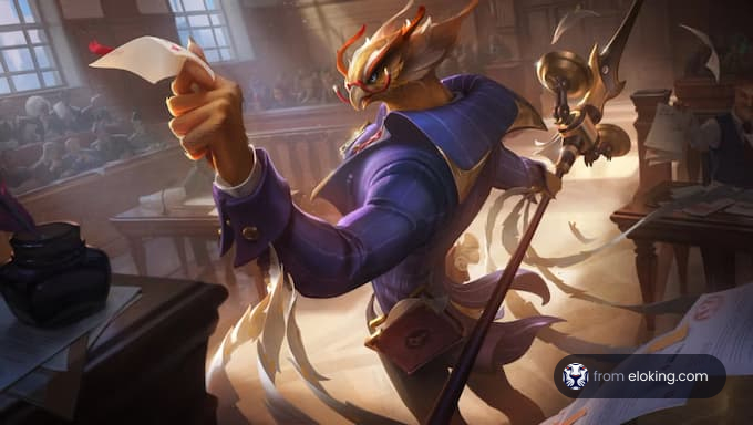 A dragon lawyer presenting a case in a courtroom