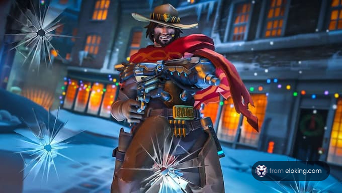 A cowboy gaming character posed in a winter setting with snow and decorations.