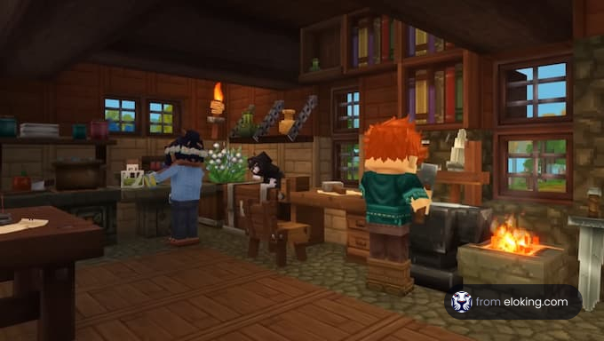 A cozy cabin interior from a video game with characters engaged in activities.