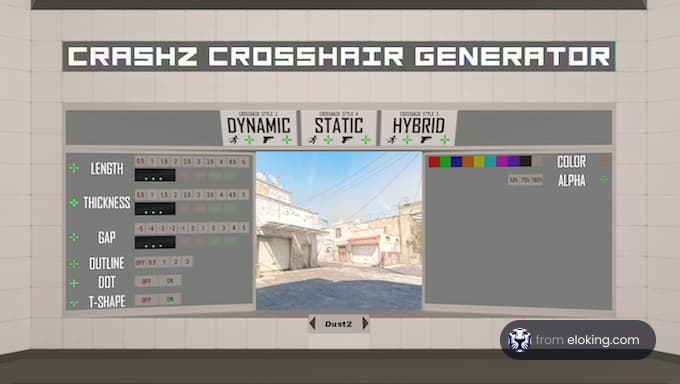 CrashZ Crosshair Generator interface showcasing customization options for crosshairs in Dust2.