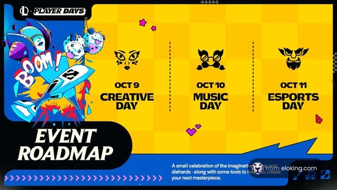 Colorful event roadmap with Creative Day, Music Day, and eSports Day themes for October 9th, 10th, and 11th.