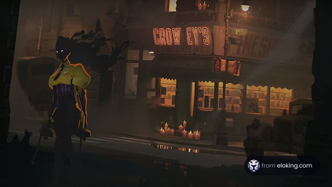 Eine mysteriöse Gestalt steht vor dem Crow Eye's Laden.