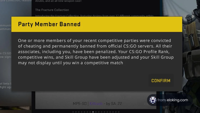 CS:GO notification of a party member being banned due to cheating