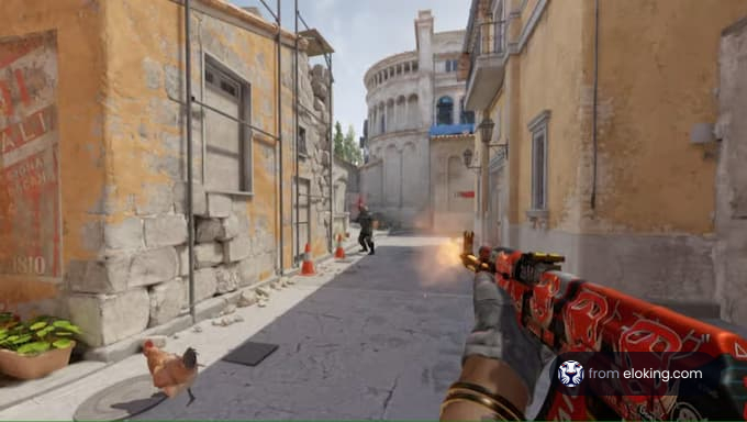 An action scene in a video game on a city street with a player shooting and a chicken in the foreground.
