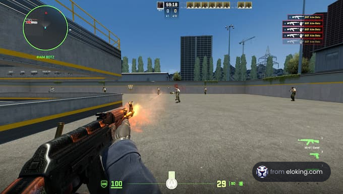 A player shooting at training bots in a Counter-Strike game.