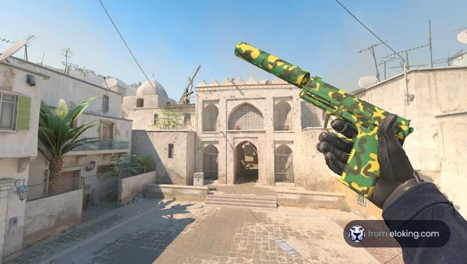 A player holds a camouflage pistol in a deserted gaming map.