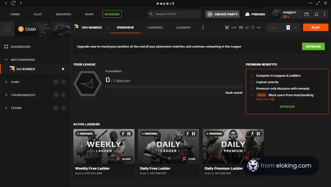 Screenshot of the FACEIT dashboard interface for CS:GO showing various game ladders and upgrade options