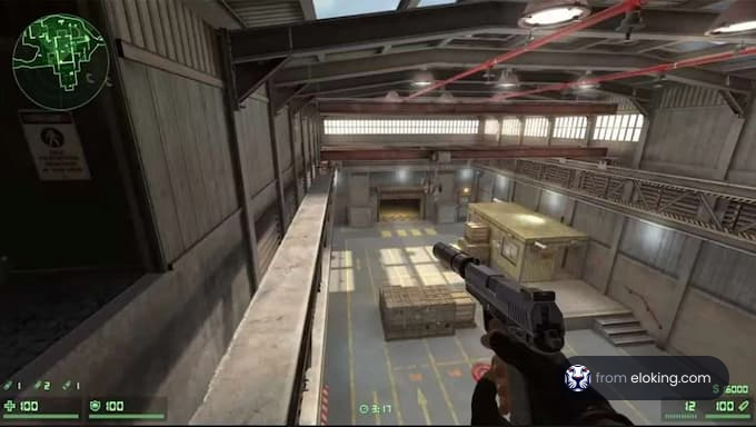 A gameplay screenshot of a warehouse scene in a shooter game